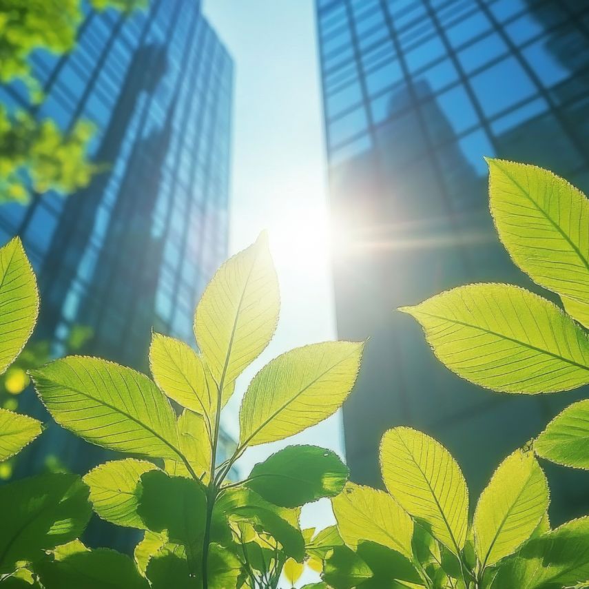 Skyscrapers with leaves in front